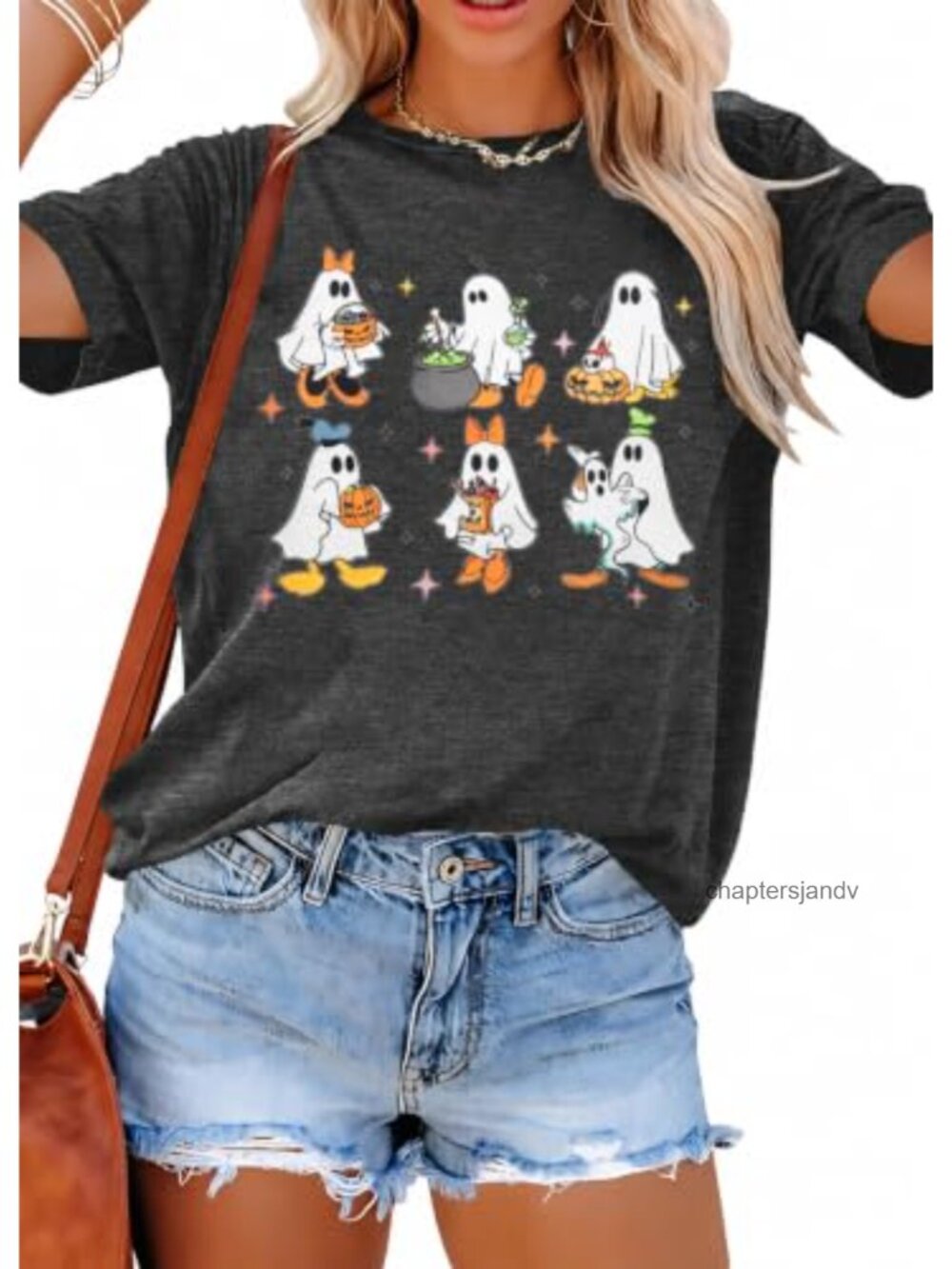 Halloween Pumpkin Ghost Graphic Tee Women Short Sleeve Crew Neck T-Shirt